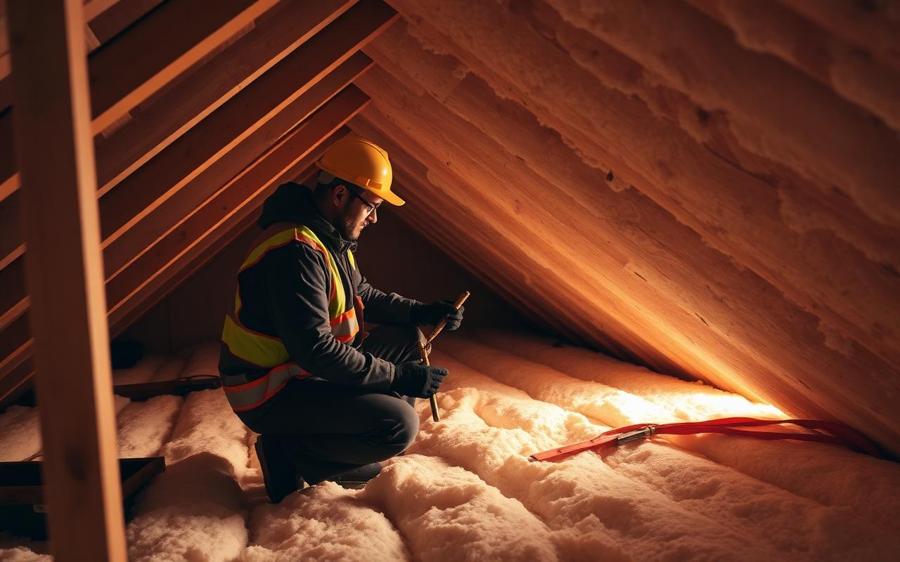 Installer adding insulation batts in a home attic