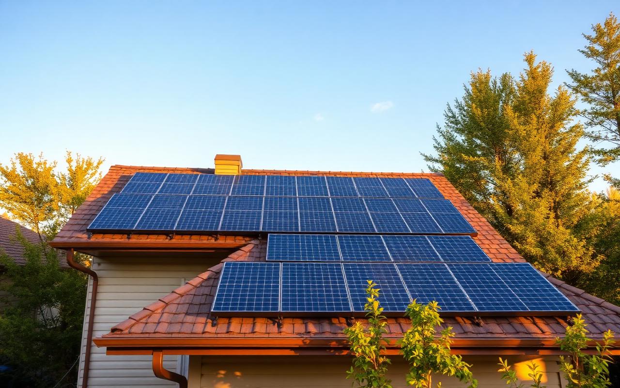 Solar panels on a residential roof in afternoon sun